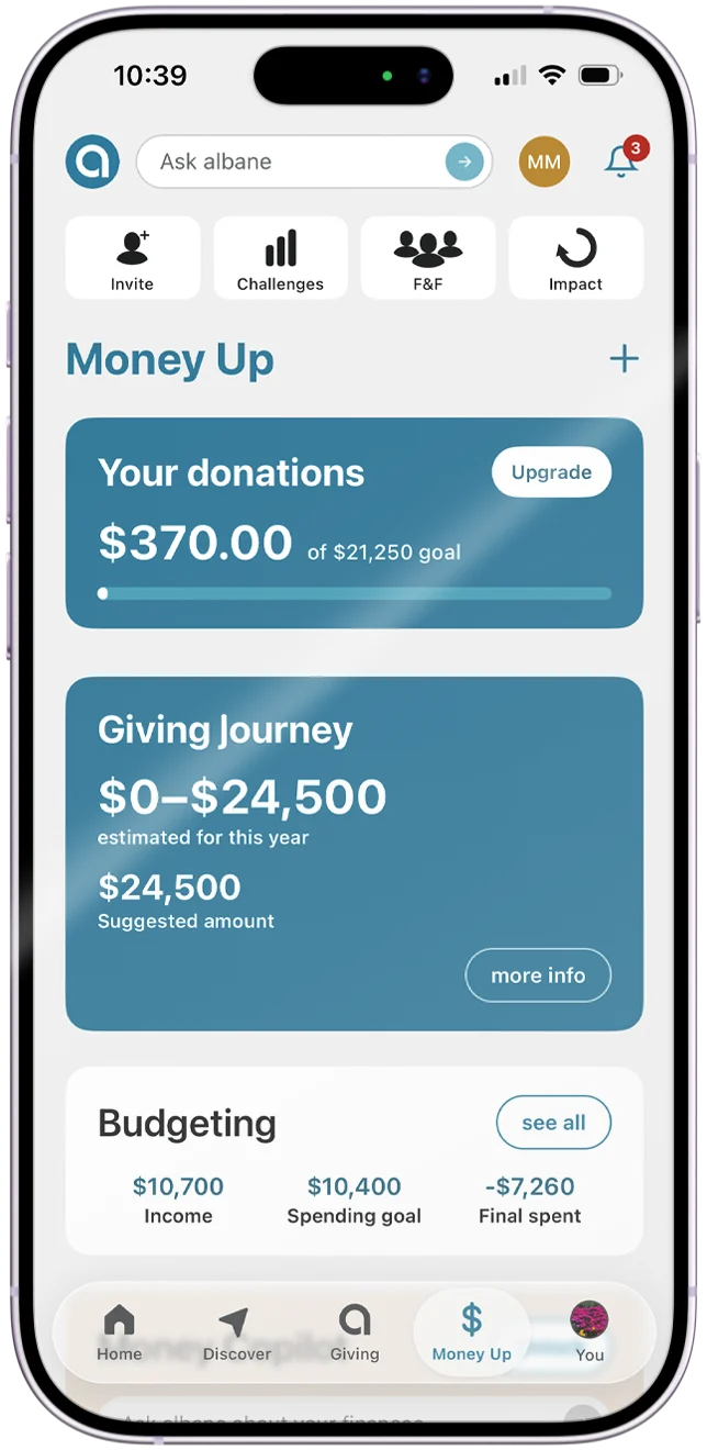 Money Up screen: your donations, your giving journey and your budgeting overview.