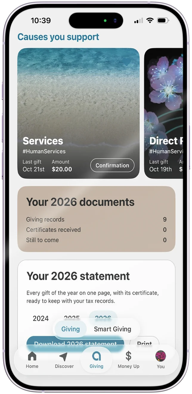 Giving screen: the causes you support, your yearly documents and your annual statement.