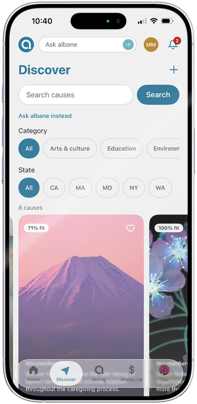 Discover screen: search causes by category and state, with a fit score on each card.